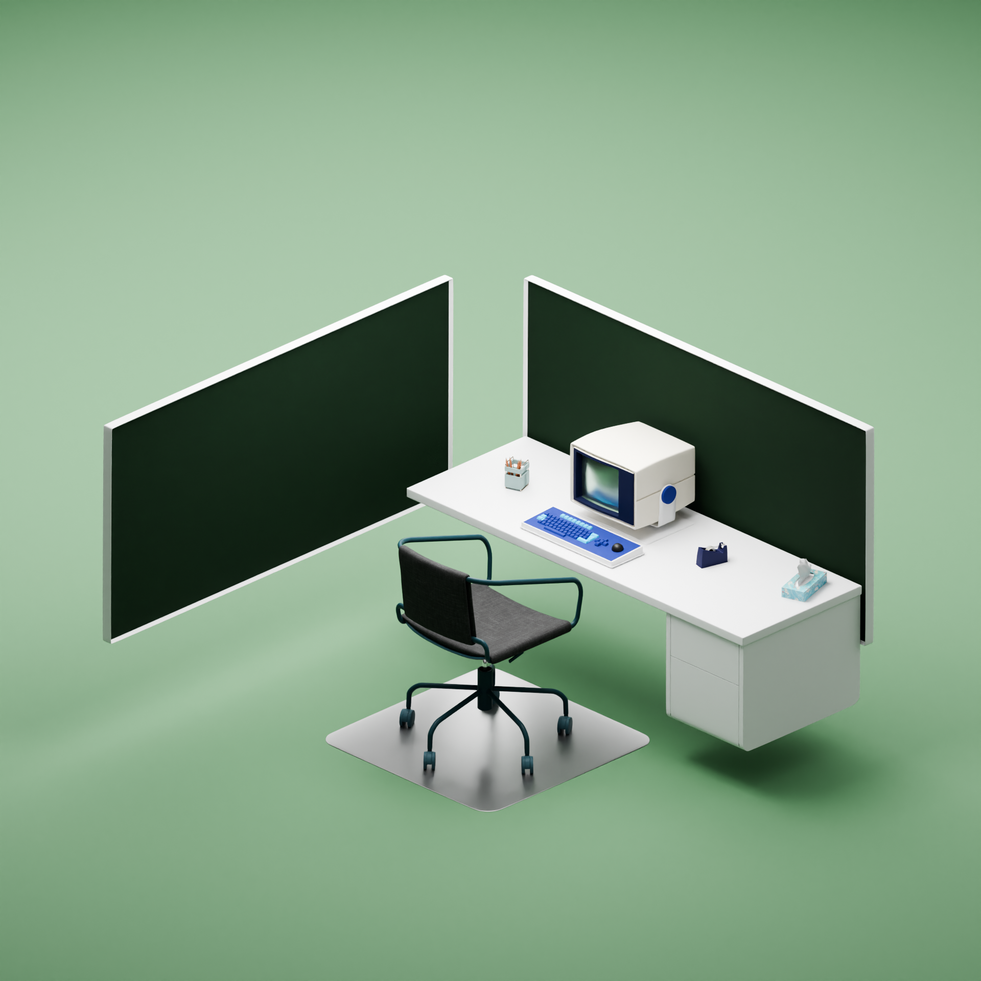 Isometric render of a retro-futuristic office cubicle
